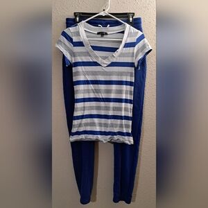 Striped V-Neck Top and Blue Pants Set